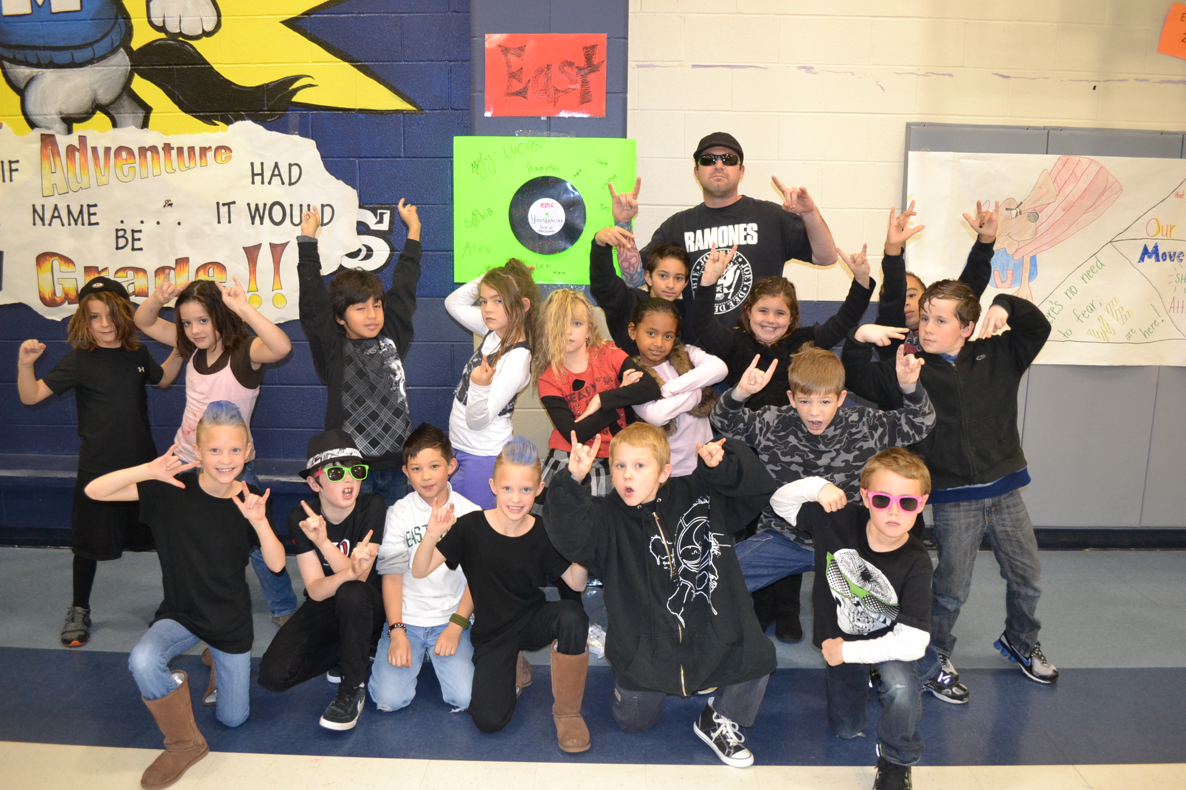 Dr. Chase Young's class, 'The Youngenites,' dressed as punk rockers together in the school hallway
